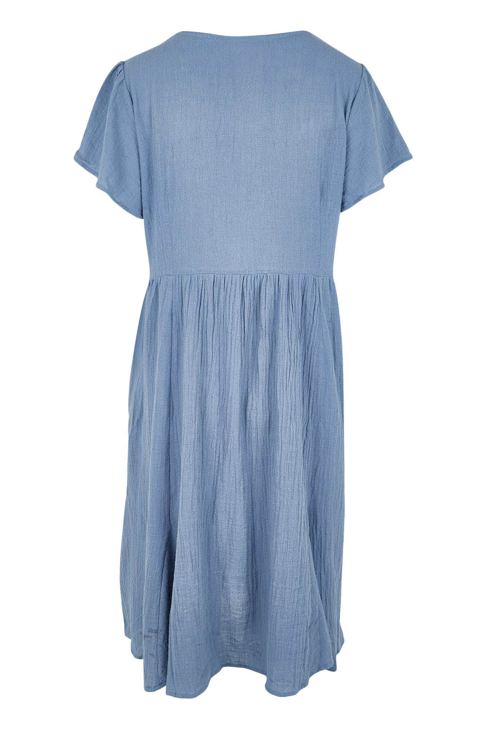 Product shot of the Cute As A Button Cotton Midi Dress – Bluebell in colour Bluebell, from the back