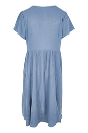 Product shot of the Cute As A Button Cotton Midi Dress – Bluebell in colour Bluebell, from the back