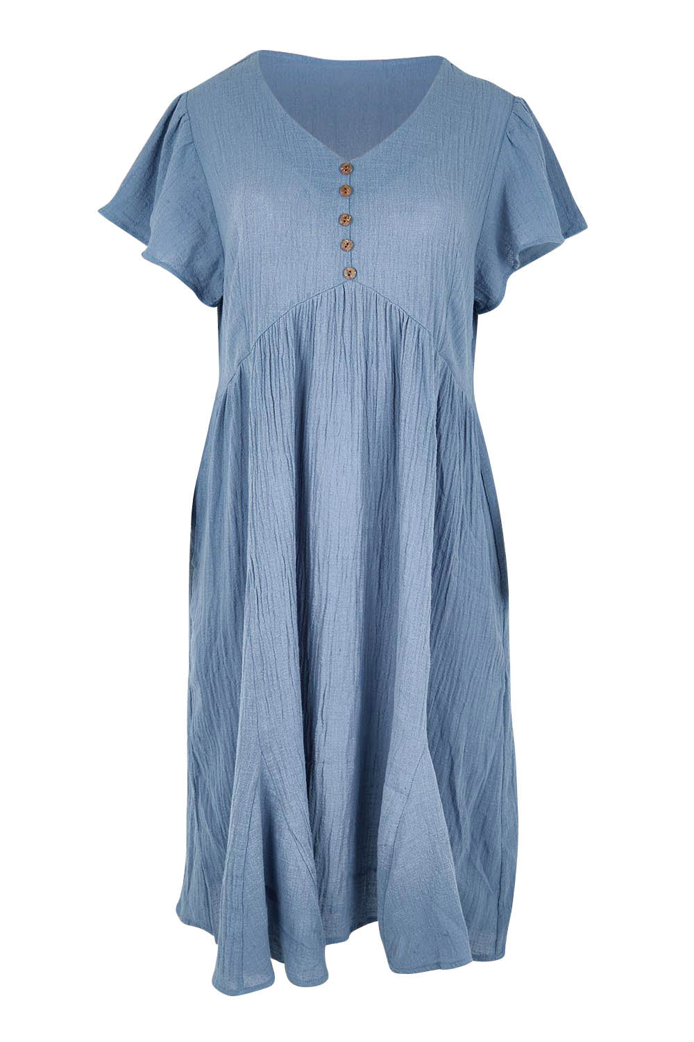 Product shot of the Cute As A Button Cotton Midi Dress – Bluebell in colour Bluebell, from the front