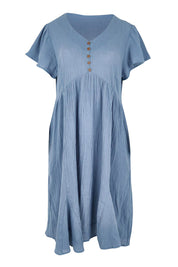 Product shot of the Cute As A Button Cotton Midi Dress – Bluebell in colour Bluebell, from the front