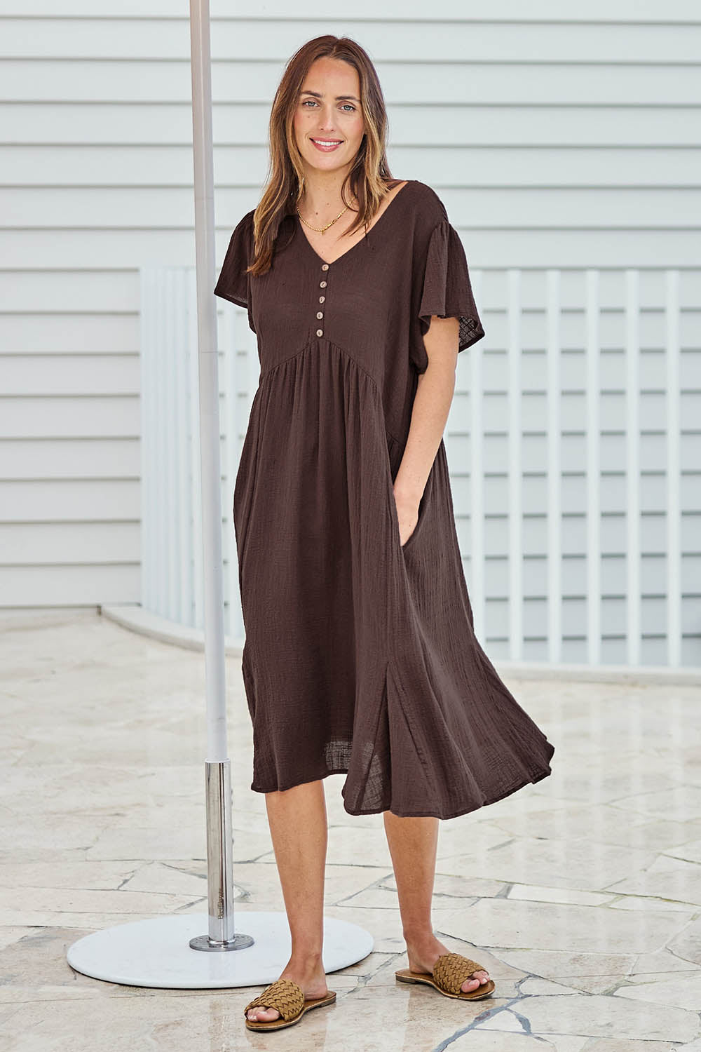 Model Tegand wearing size 10 of the Cute As A Button Cotton Midi Dress – Chocolate in colour Chocolate, from the front
