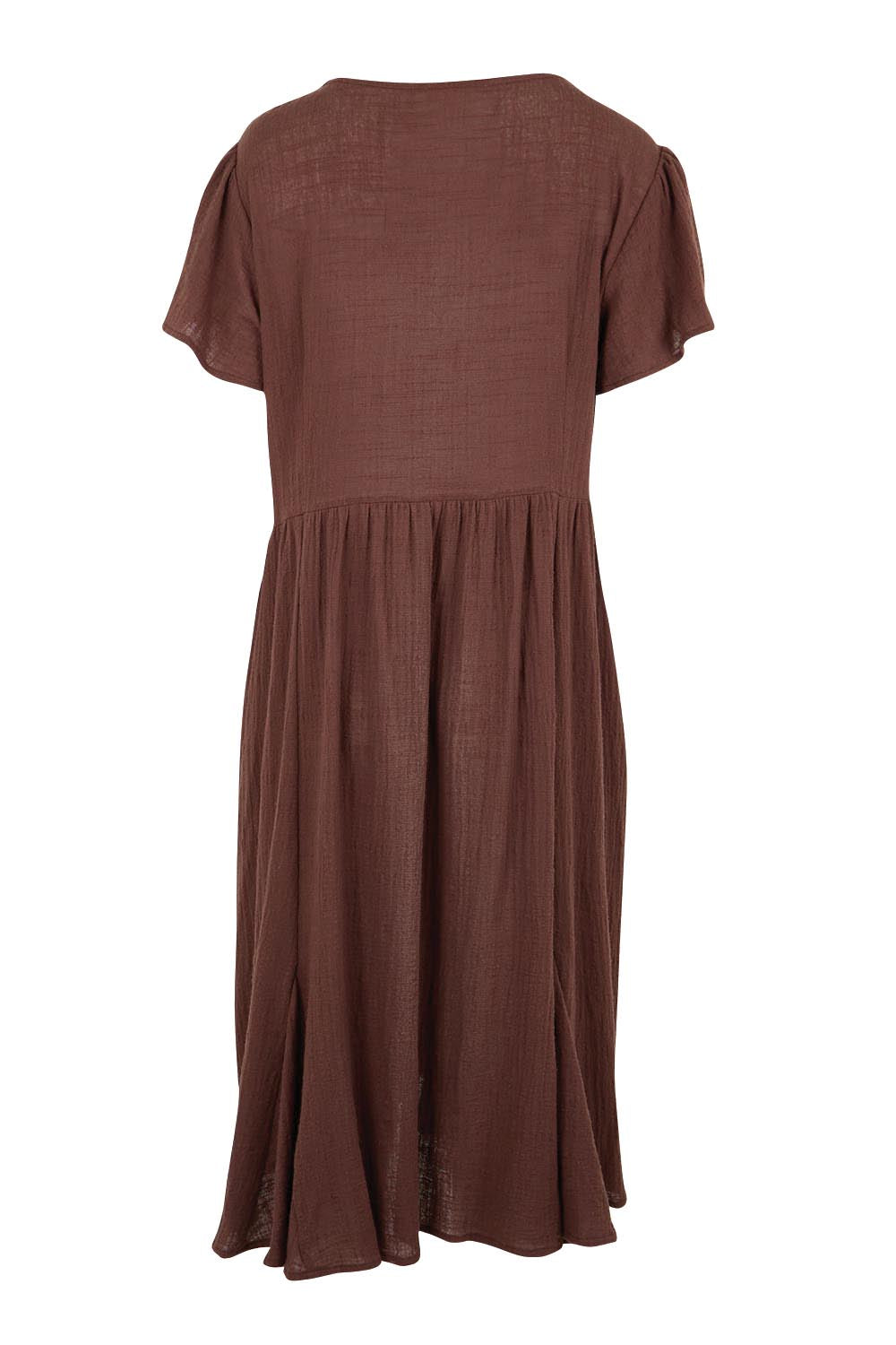 Product shot of the Cute As A Button Cotton Midi Dress – Chocolate in colour Chocolate, from the back