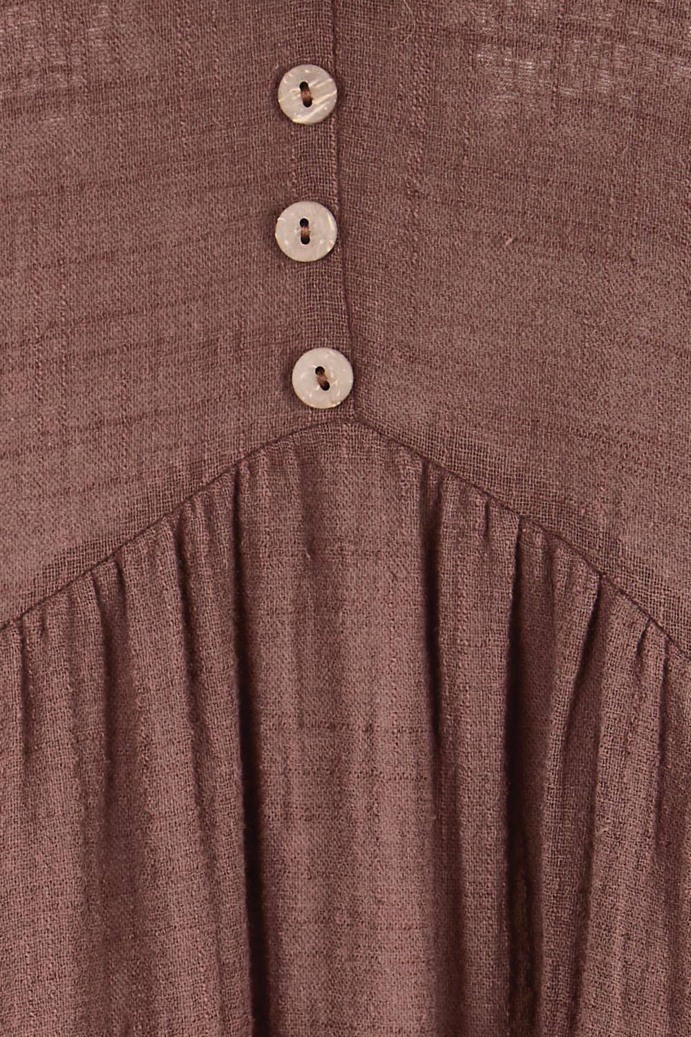 Product shot of the Cute As A Button Cotton Midi Dress – Chocolate in colour Chocolate, showing detail