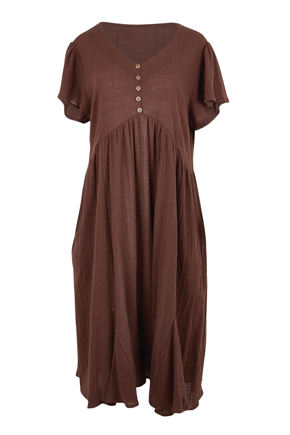 Product shot of the Cute As A Button Cotton Midi Dress – Chocolate in colour Chocolate, from the front