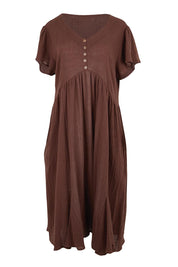Product shot of the Cute As A Button Cotton Midi Dress – Chocolate in colour Chocolate, from the front