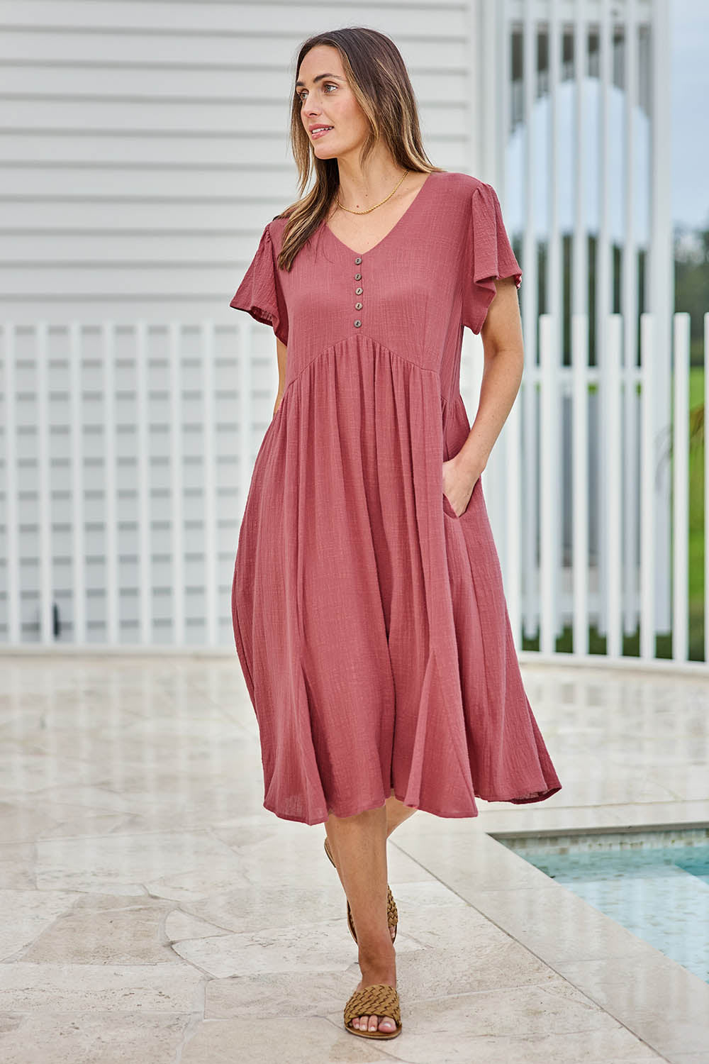 Cute As A Button Cotton Midi Dress – Dustyrose