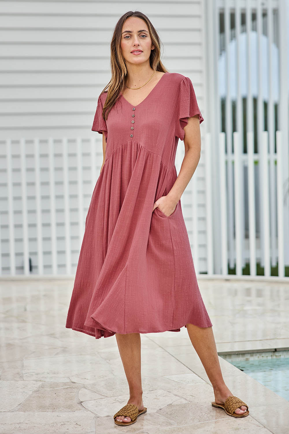 Model Tegand wearing size 10 of the Cute As A Button Cotton Midi Dress – Dustyrose in colour Dustyrose, from the front