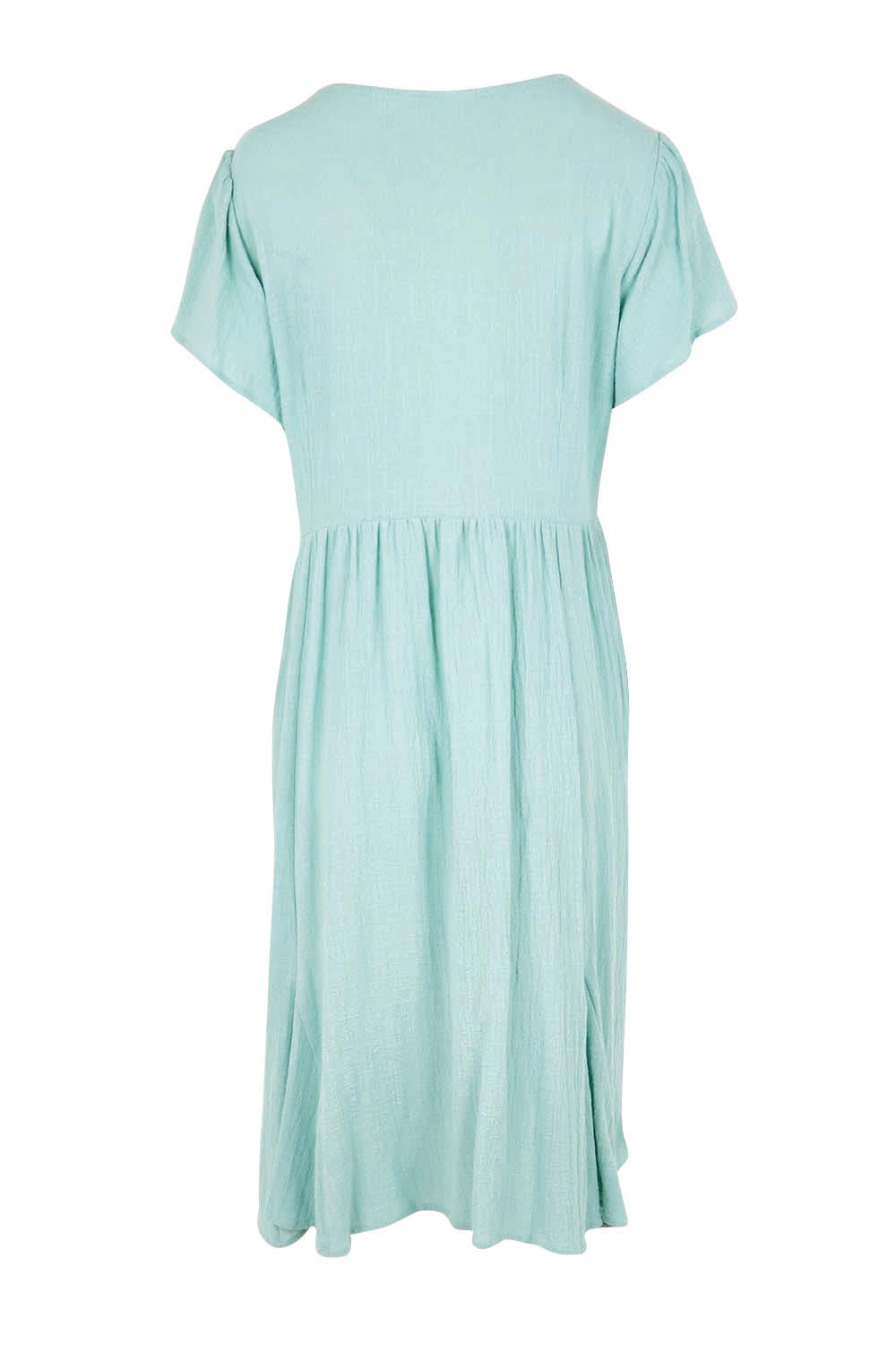 Product shot of the Cute As A Button Cotton Midi Dress – Sage in colour Sage, from the back