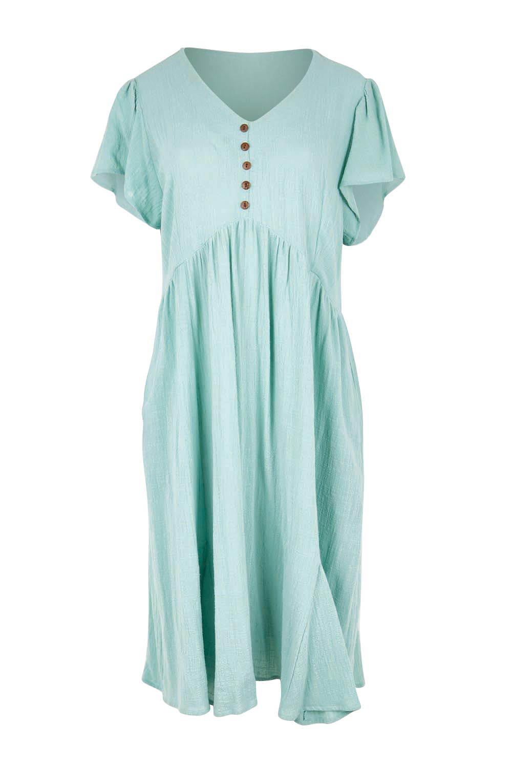 Product shot of the Cute As A Button Cotton Midi Dress – Sage in colour Sage, from the front
