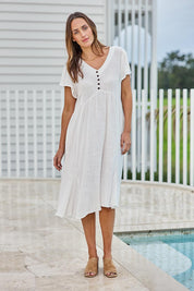 Model Tegand wearing size 10 of the Cute As A Button Cotton Midi Dress – White in colour White, from the front