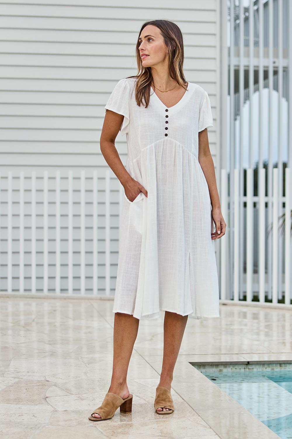 Model Tegand wearing size 10 of the Cute As A Button Cotton Midi Dress – White in colour White, from the front