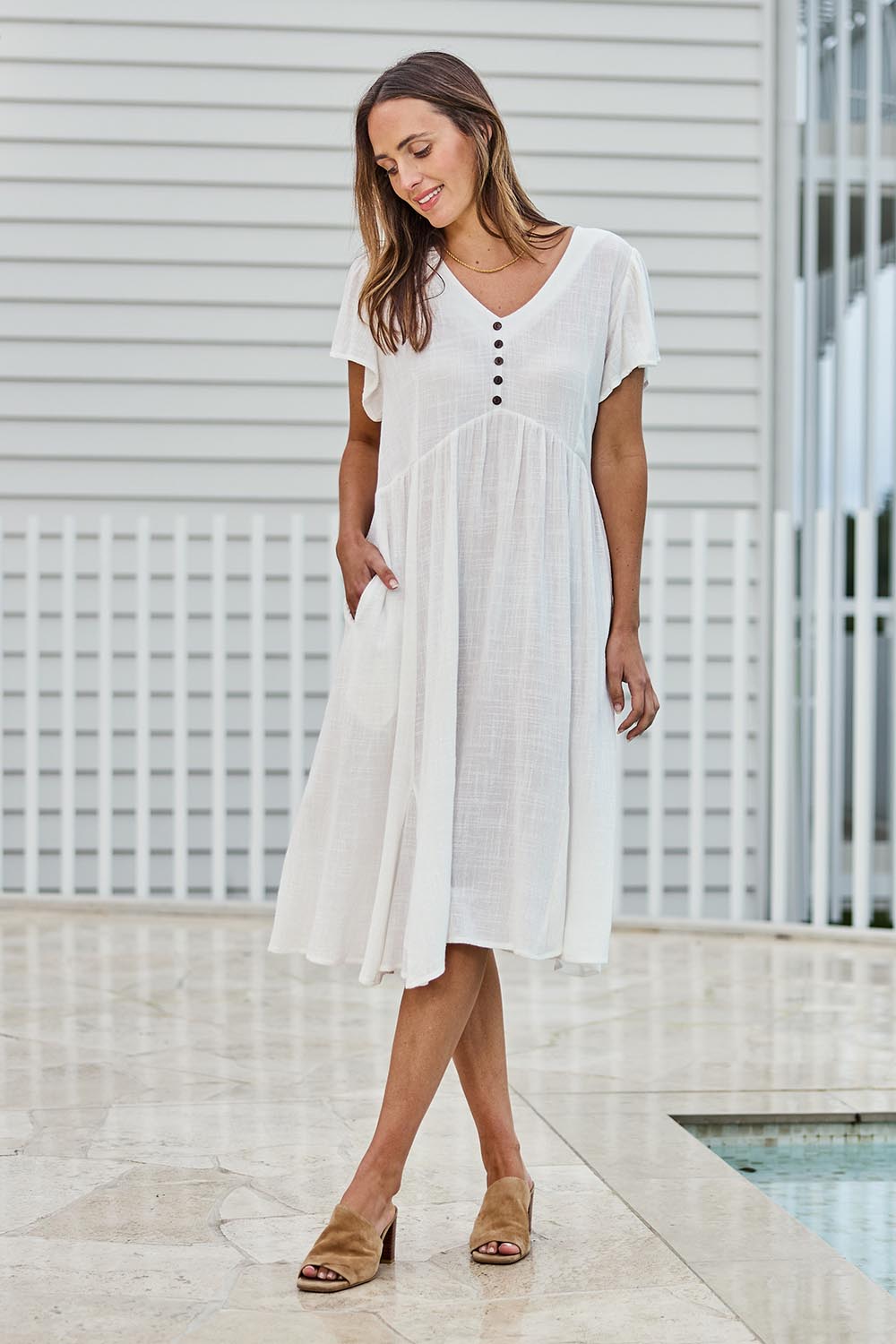Model Tegand wearing size 10 of the Cute As A Button Cotton Midi Dress – White in colour White, from the front