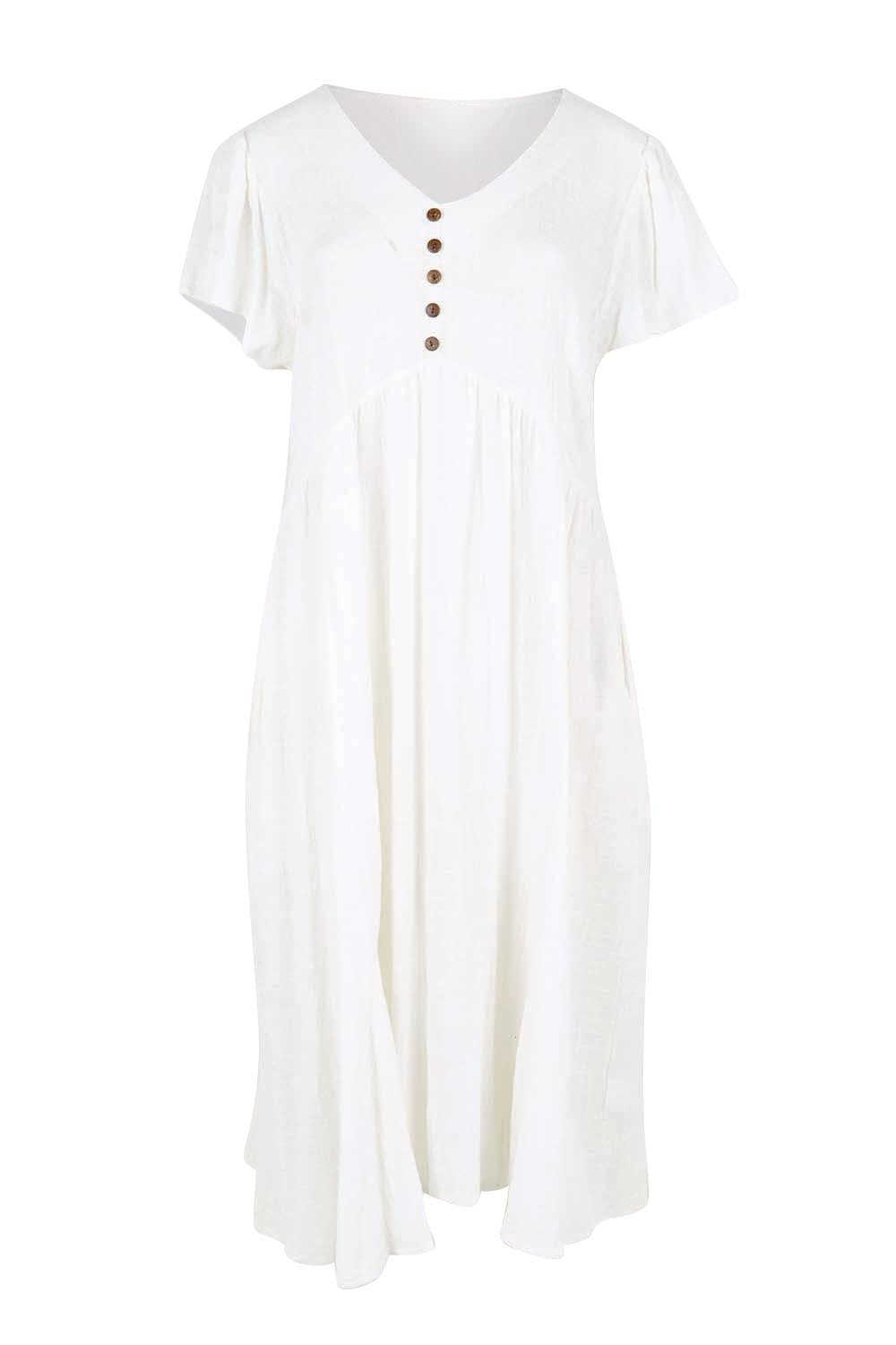 Product shot of the Cute As A Button Cotton Midi Dress – White in colour White, from the front