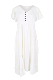 Product shot of the Cute As A Button Cotton Midi Dress – White in colour White, from the front