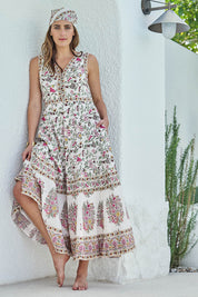 Model Tegand wearing size 10 of the Sweet Feels Cotton Maxi Dress - Creamfleur in colour Creamfleur, from the front
