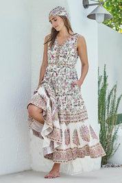Model Tegand wearing size 10 of the Sweet Feels Cotton Maxi Dress - Creamfleur in colour Creamfleur, from the front