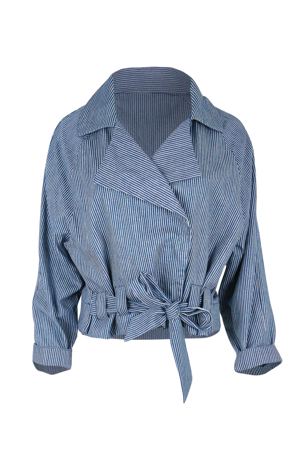 Product shot of the Errand Run Cropped Cotton Trench – Bluestripe in colour Bluestripe, from the front