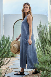Model Tegand wearing size 10 of the Perfect Day Lyocell Shift Maxi Dress – Denim in colour Denim, from the front