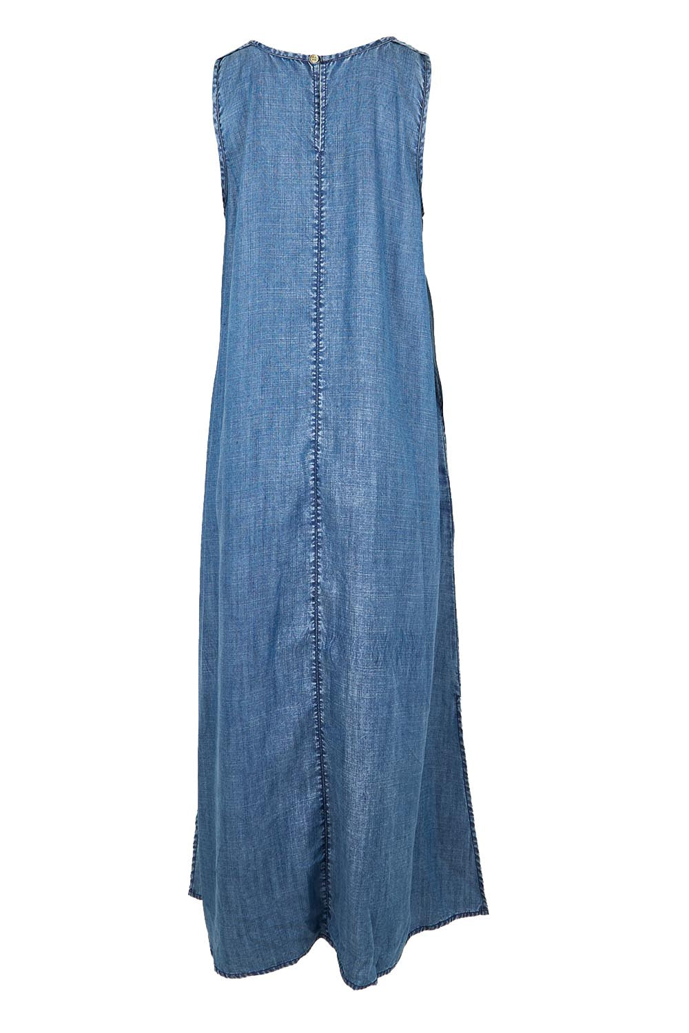 Product shot of the Perfect Day Lyocell Shift Maxi Dress – Denim in colour Denim, from the back