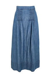 Product shot of the Perfect Day Pleat Detail Lyocell Maxi Skirt – Denim in colour Denim, from the front