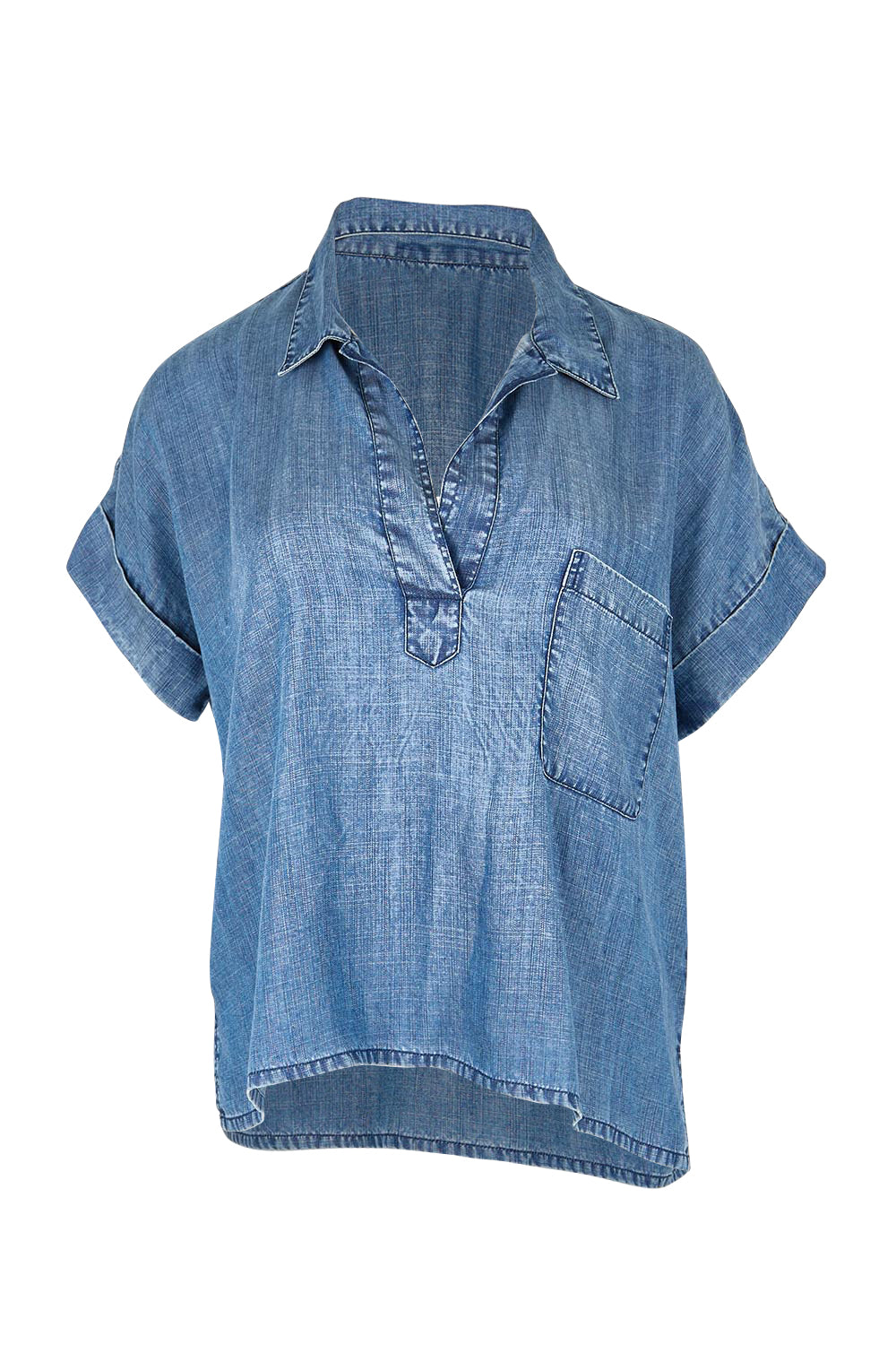 Product shot of the Perfect Day Lyocell Popover Shirt – Denim in colour Denim, from the front