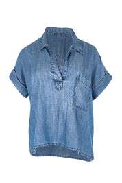Product shot of the Perfect Day Lyocell Popover Shirt – Denim in colour Denim, from the front