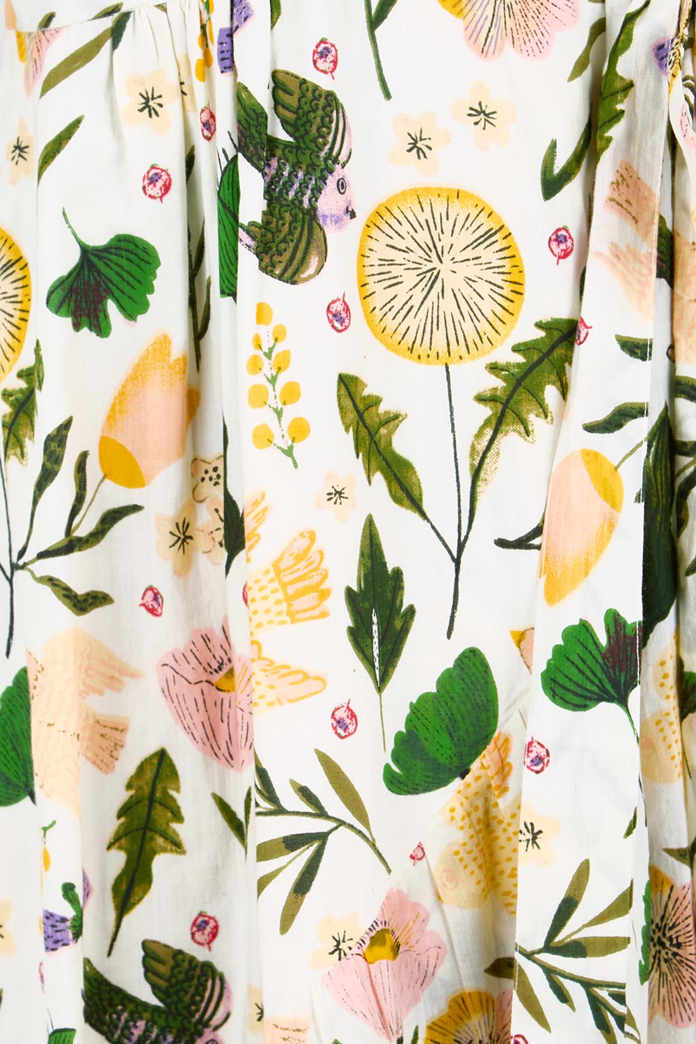 Product shot of the Frill of Birds Cotton Wrap Dress - Birdfleur in colour Birdfleur, showing detail