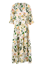 Product shot of the Frill of Birds Cotton Wrap Dress - Birdfleur in colour Birdfleur, from the front