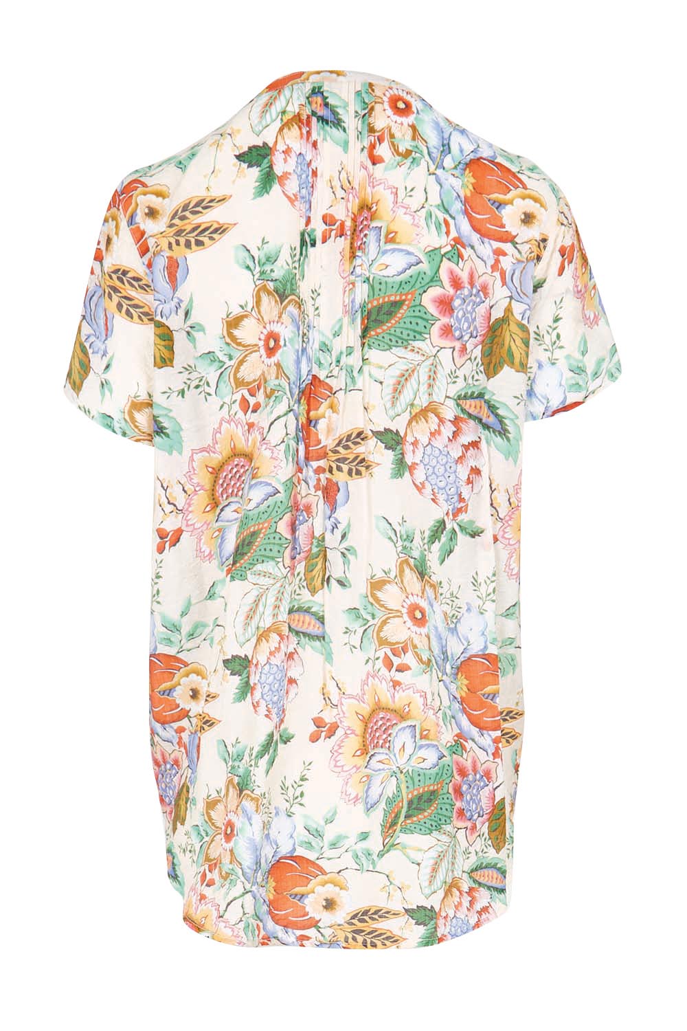 Product shot of the Sunny Day Pleated Short Sleeve Blouse – Fleur in colour Fleur, from the back