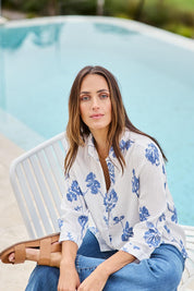 Model Tegand wearing size 10 of the Floral Affair Embroidered Shirt – Bluewhite in colour Bluewhite, in a cropped view