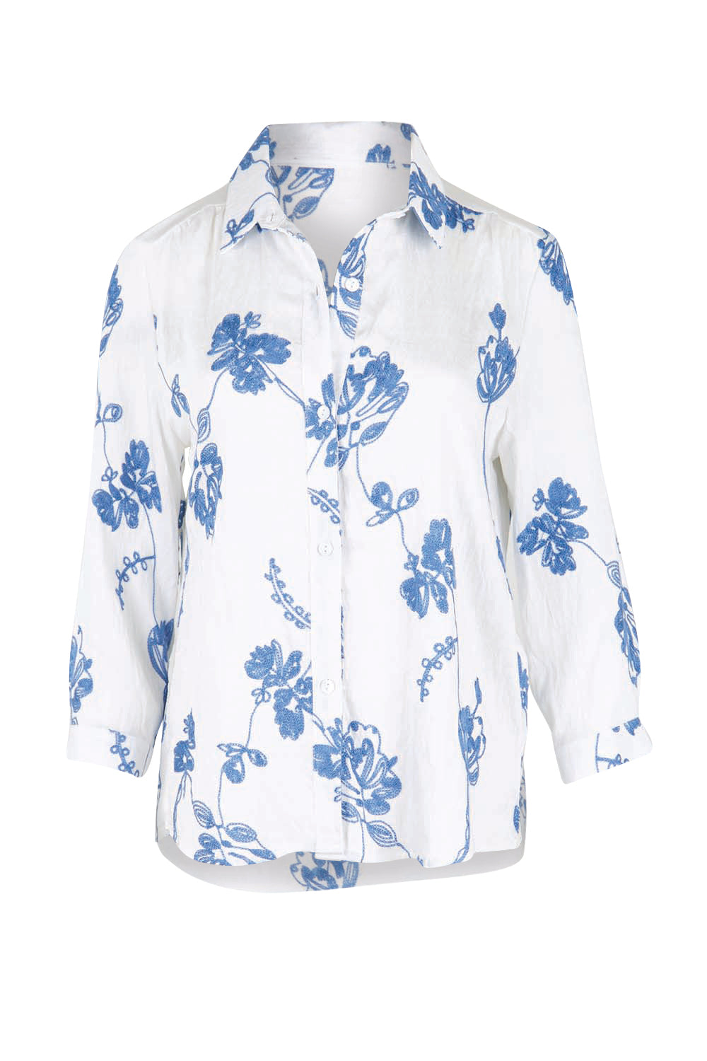 Product shot of the Floral Affair Embroidered Shirt – Bluewhite in colour Bluewhite, from the front