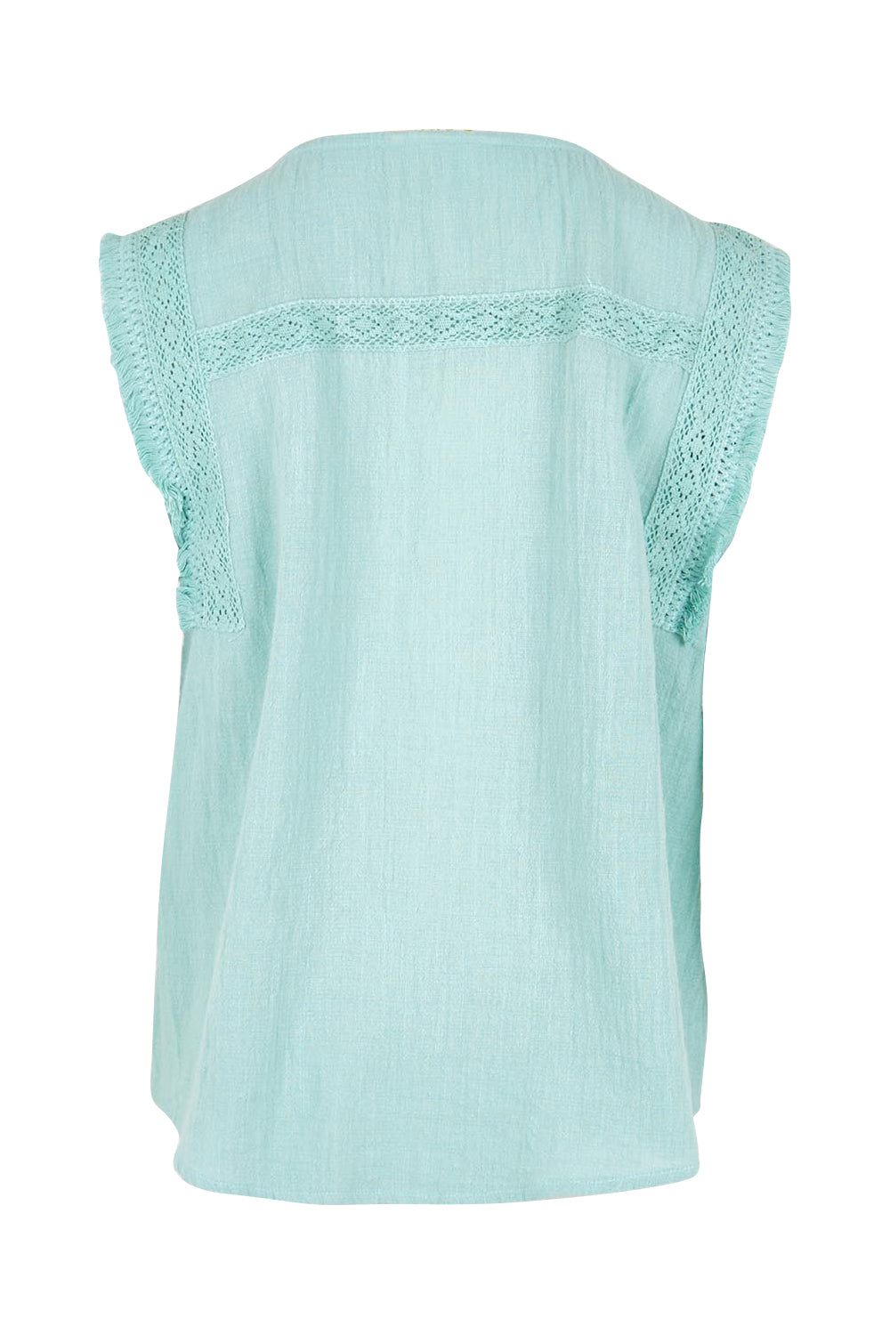 Product shot of the Cute As A Button Fringed Tank – Mint in colour Mint, from the back