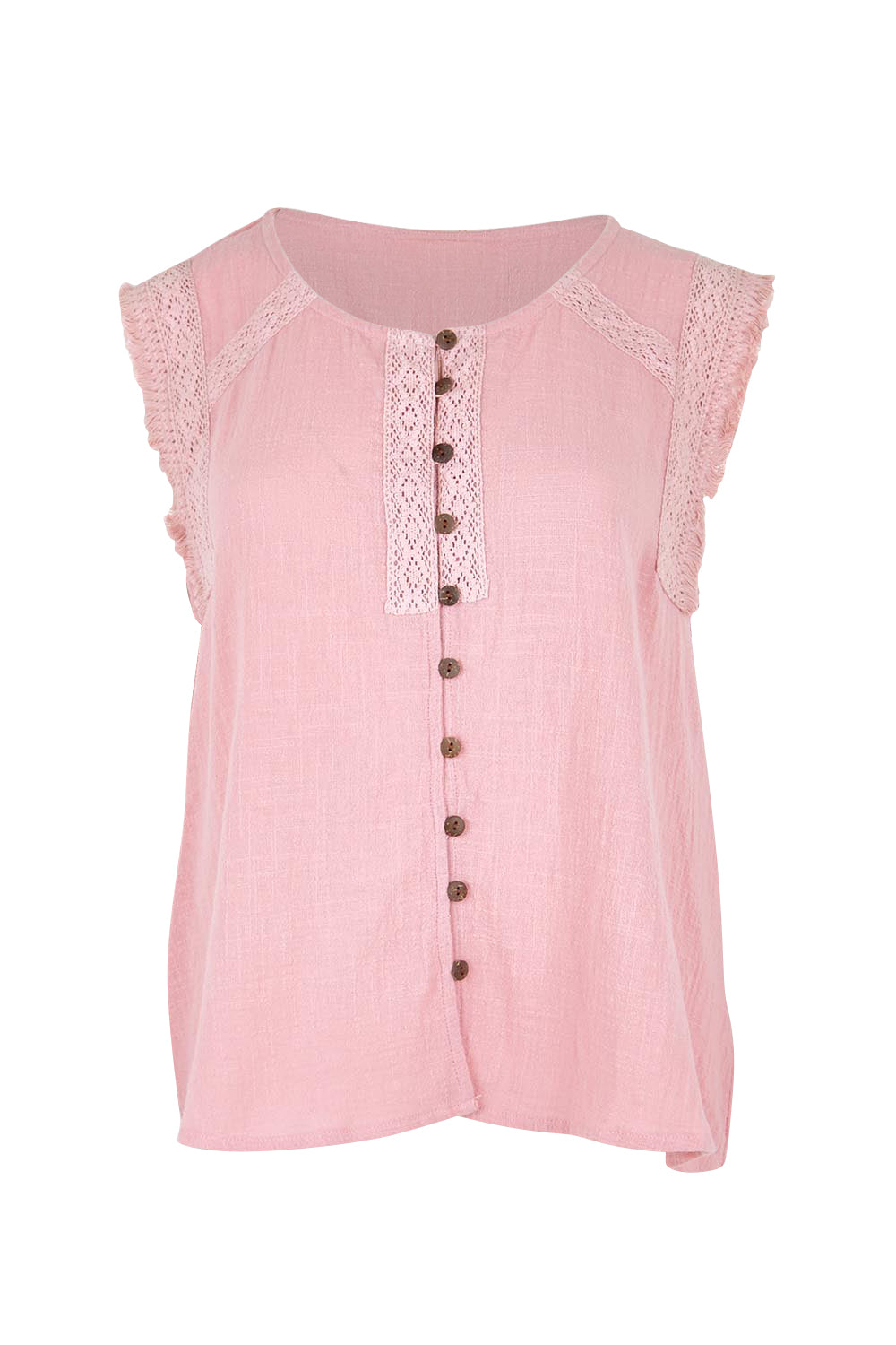 Product shot of the Cute As A Button Fringed Tank – Rose in colour Rose, from the front