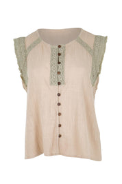 Product shot of the Cute As A Button Fringed Tank – Stone in colour Stone, from the front