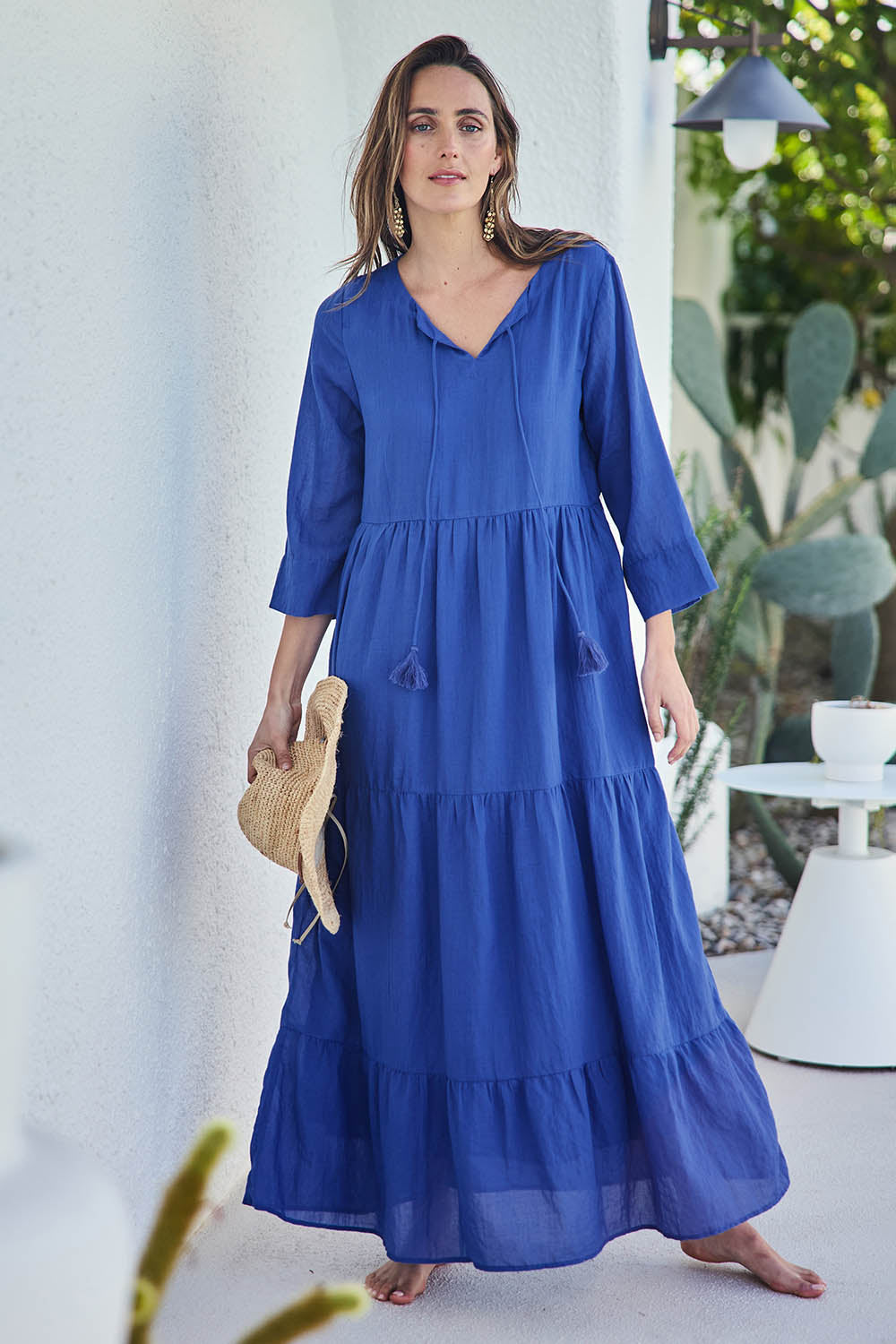 Model Tegand wearing size 10 of the Summer Sun Cotton Maxi Dress – Cornflower in colour Cornflower, from the front