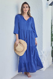 Model Tegand wearing size 10 of the Summer Sun Cotton Maxi Dress – Cornflower in colour Cornflower, from the front
