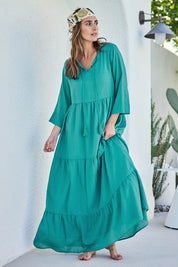 Model Tegand wearing size 10 of the Summer Sun Cotton Maxi Dress – Lagoon in colour Lagoon, from the front