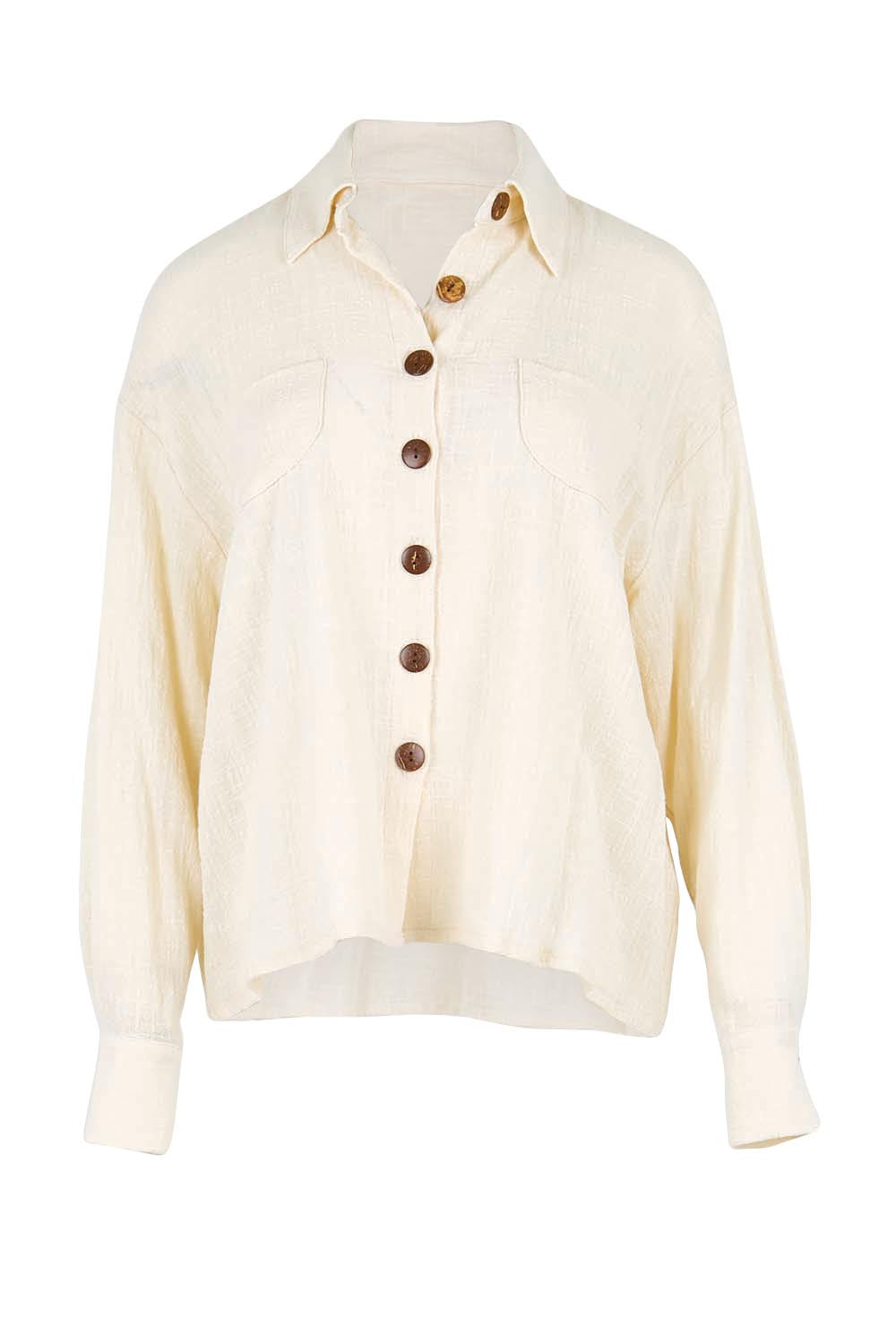 Product shot of the Cute As A Button Cotton Shirt - Birch in colour Birch, from the front