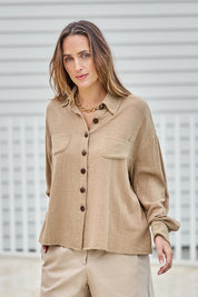Model Tegand wearing size 10 of the Cute As A Button Cotton Shirt - Rock in colour Rock, in a cropped view