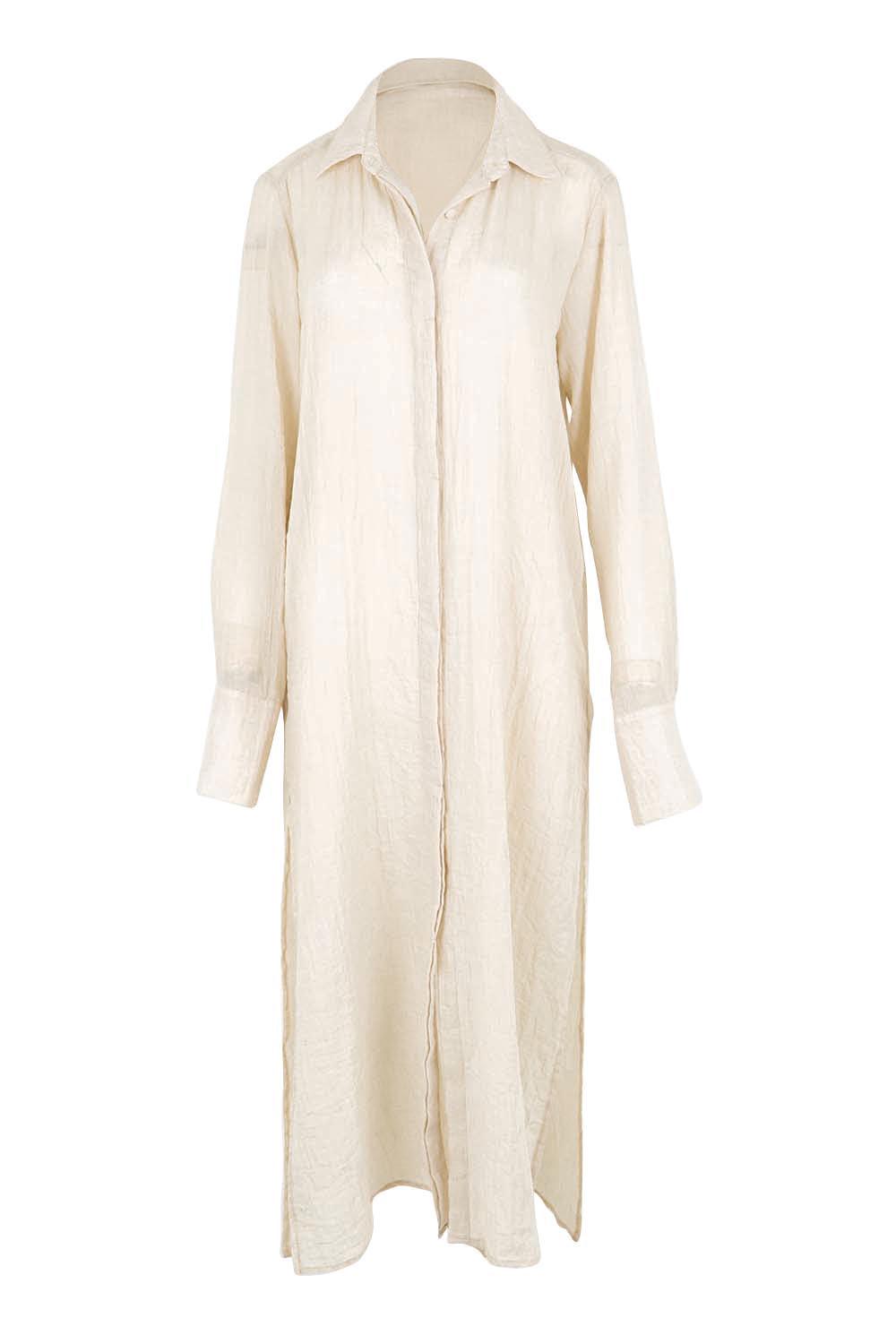 Product shot of the Floating Through The Day Maxi Shirt - Sand in colour Sand, from the front