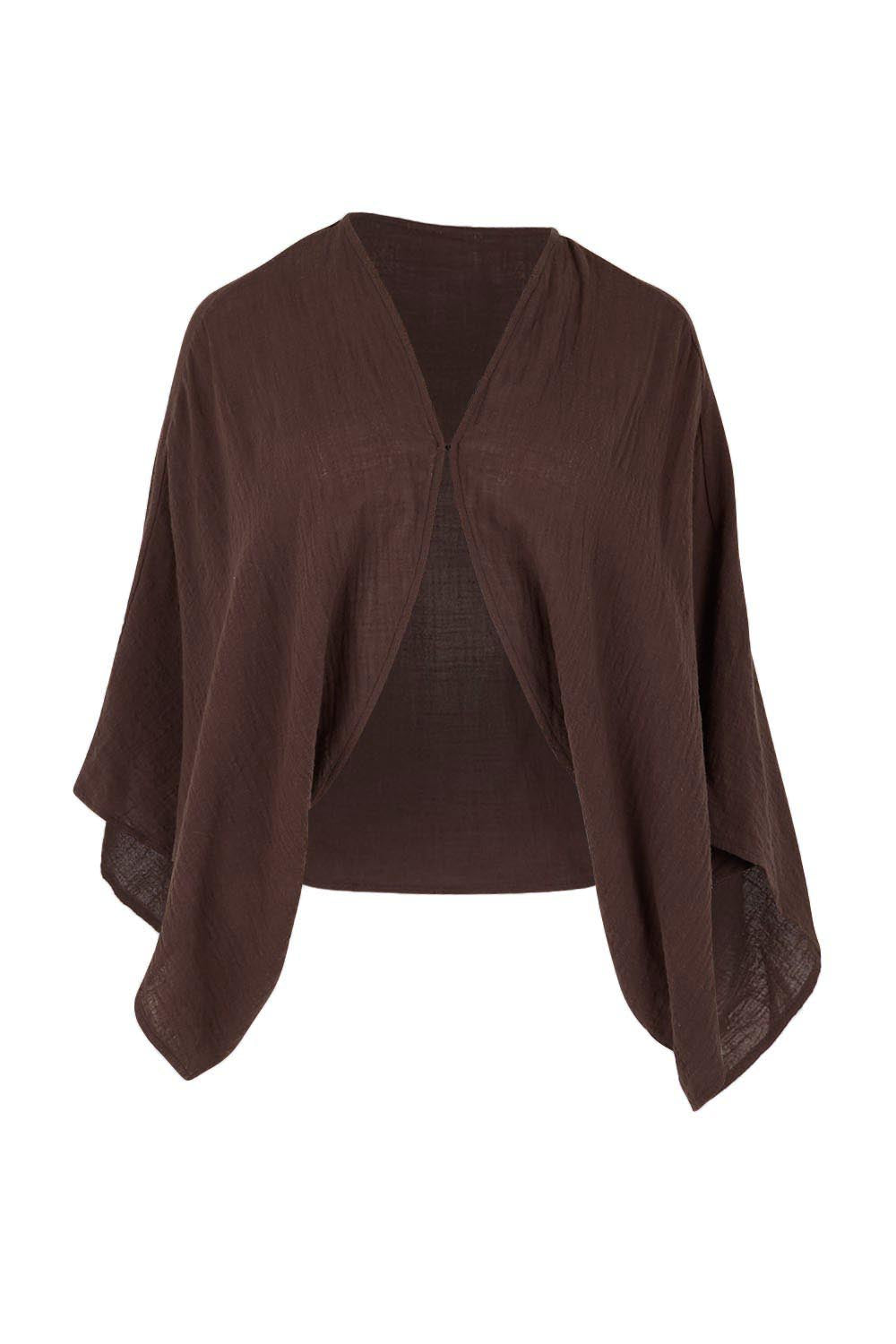 Product shot of the Out Of Office Woven Cotton Shrug  - Chocolate in colour Chocolate, from the front