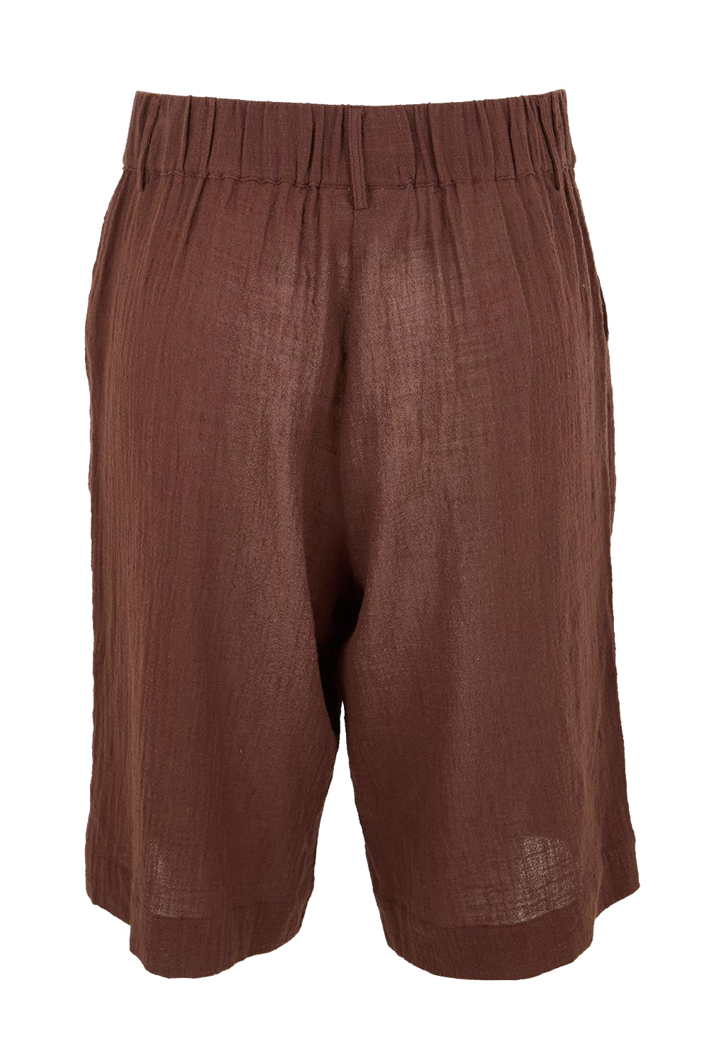 Product shot of the Out Of Office Woven Cotton Longline Shorts - Chocolate in colour Chocolate, from the back