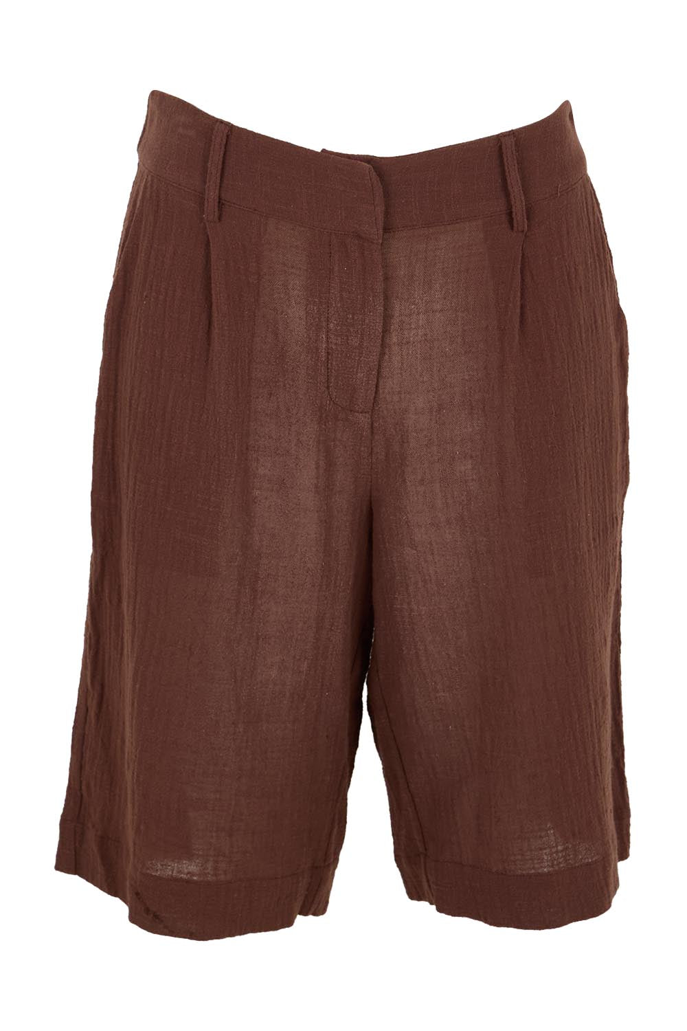 Product shot of the Out Of Office Woven Cotton Longline Shorts - Chocolate in colour Chocolate, from the front