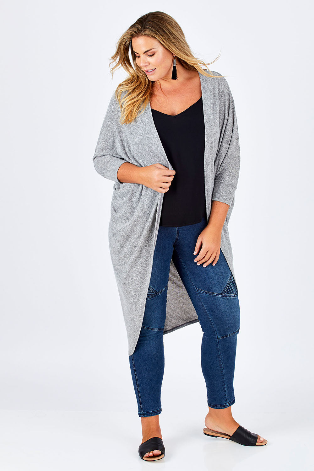 Model Fiona wearing size 16 of the Falling For You Cardi in colour GreyMarle (Grey), from the front, showing the whole outfit
