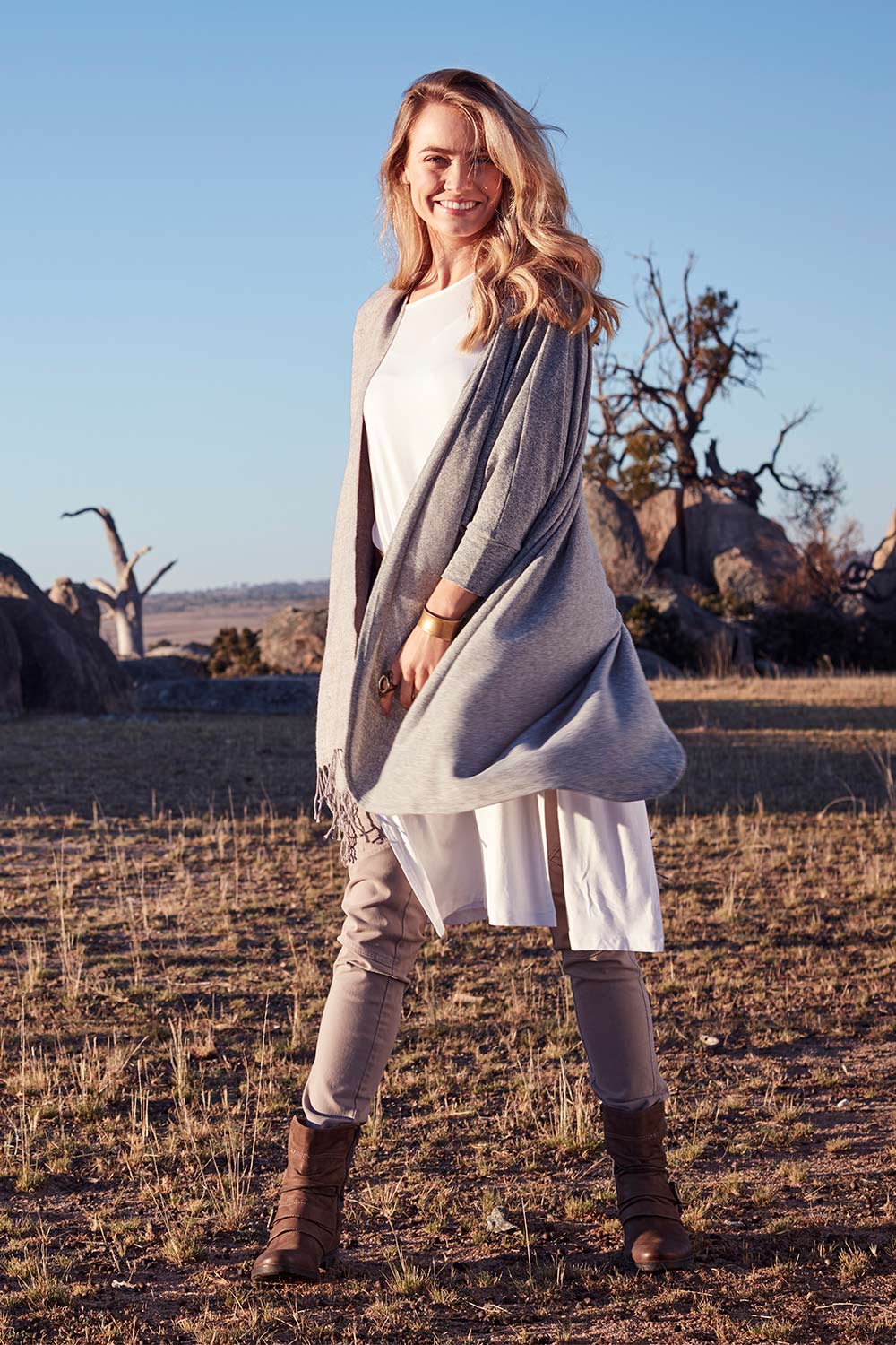 Model Marnee wearing size 10 of the Falling For You Cardi in colour GreyMarle (Grey), from the front, showing the whole outfit