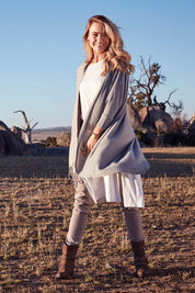 Model Marnee wearing size 10 of the Falling For You Cardi in colour GreyMarle (Grey), from the front, showing the whole outfit