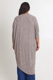 Model Ashleigh wearing size 16 of the Falling For You Cardi in colour Rock, from the back