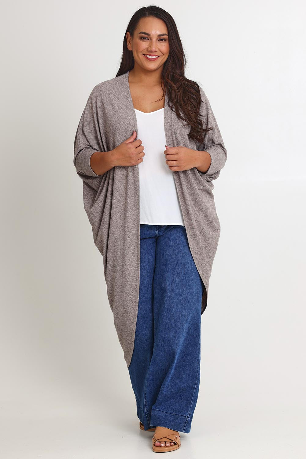 Model Ashleigh wearing size 16 of the Falling For You Cardi in colour Rock, from the front, showing the whole outfit