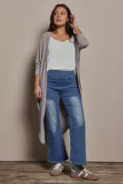 Model Tahnee wearing size 10 of the Falling For You Cardi in colour Rock, from the front, showing the whole outfit