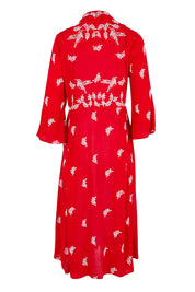 Product shot of the Dancing With Birds Midi Dress in colour Scarlet (Red), from the back